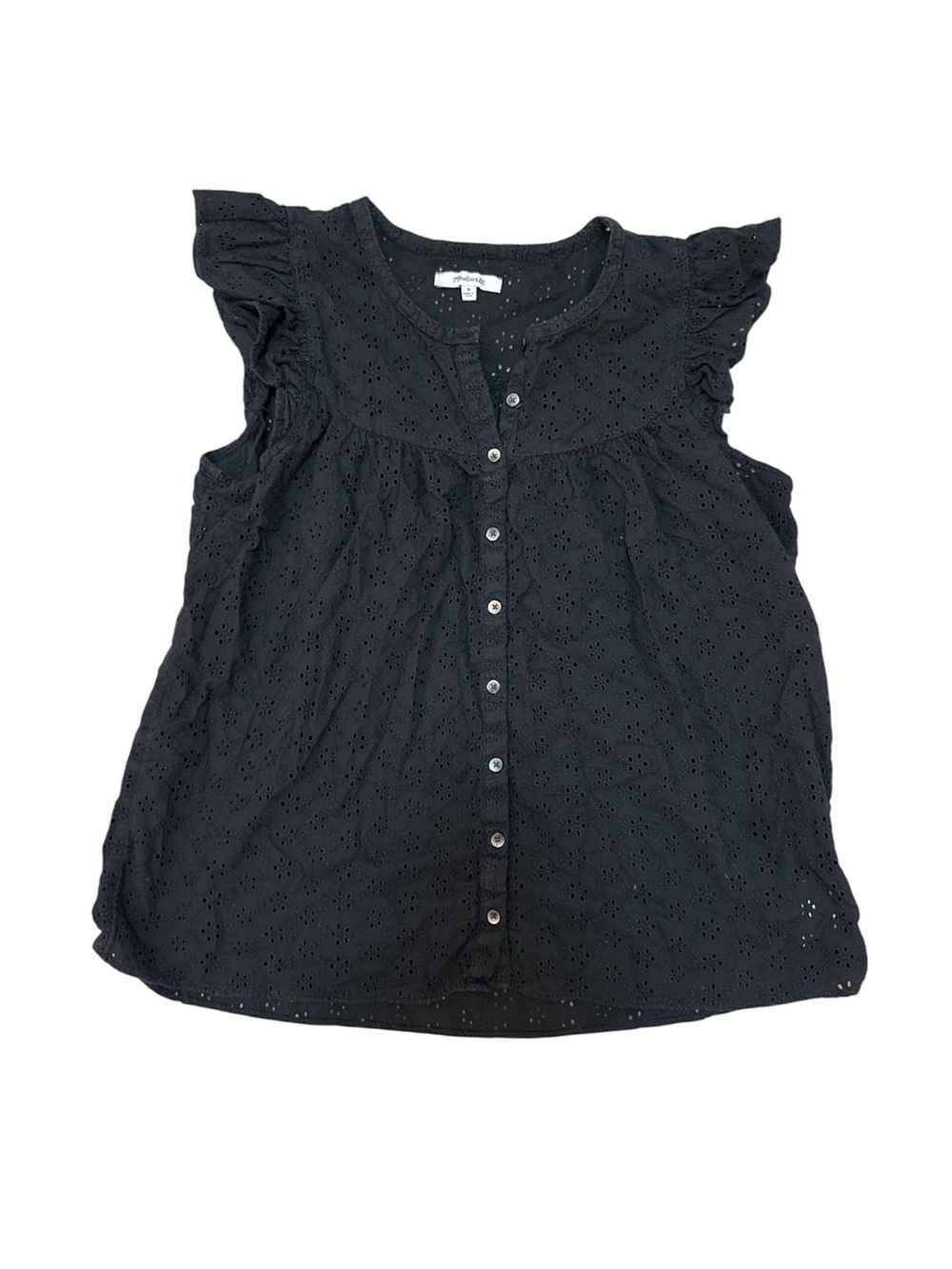 Madewell Black Eyelet Ruffle Sleeve Button Front Cotton Blouse Top M